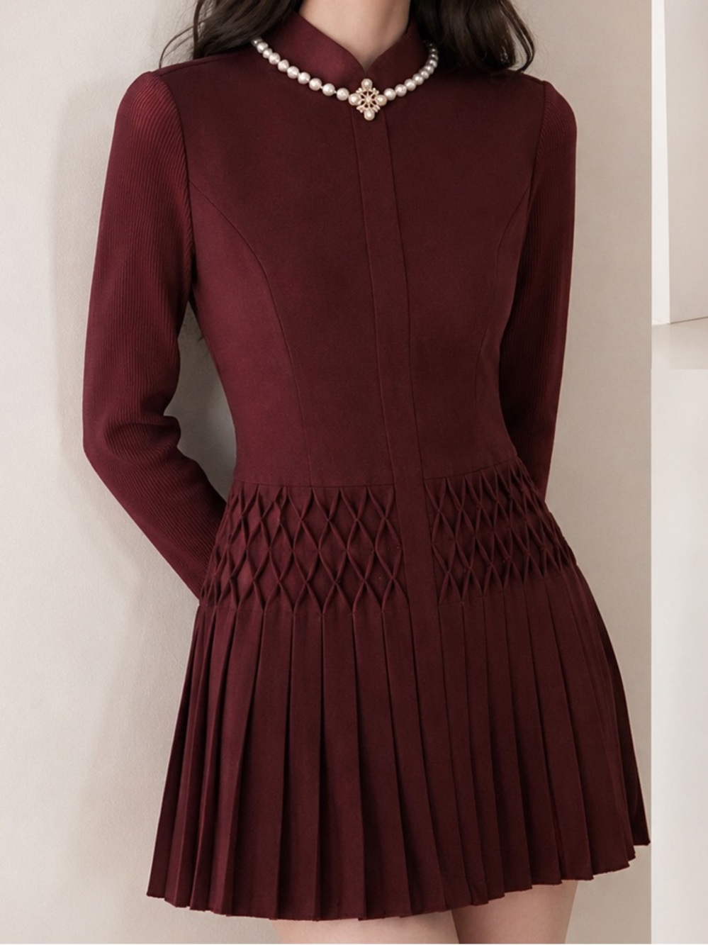 Elegant Long Sleeve Burgundy Pleated Dress with Decorative Pearl Collar